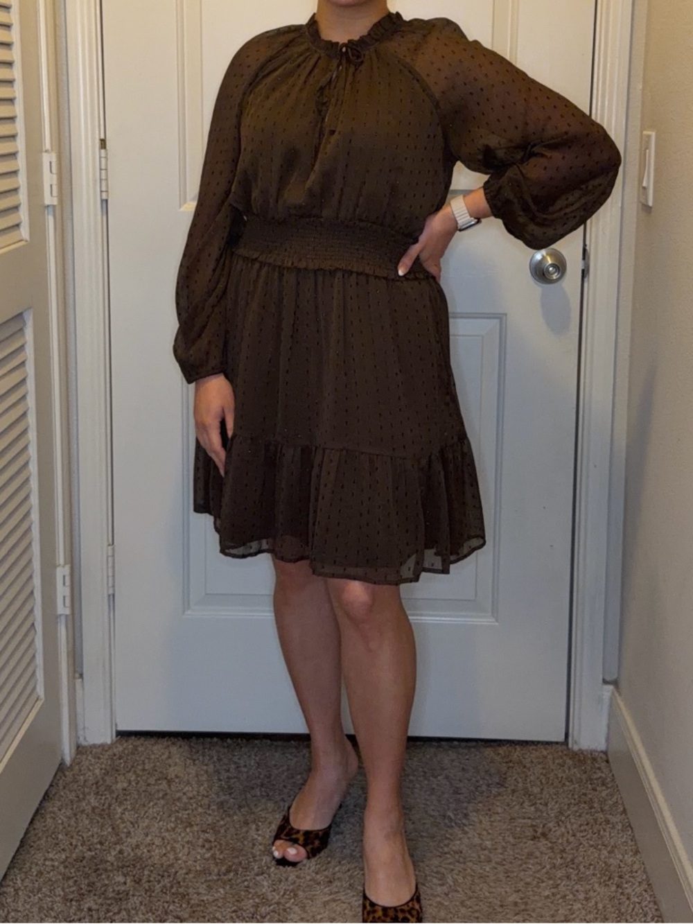 Brown Swiss Dot Smocked Waist Mini Dress | Romantic Boho Fall Dress